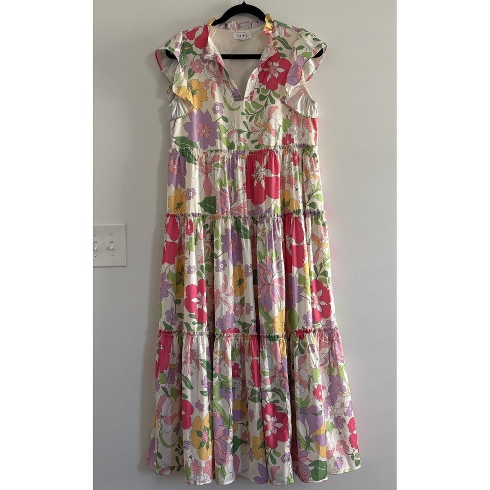 THML Floral Tiered Flutter Sleeve Maxi Dress SzS RetroBotanicalFloralMilticolor